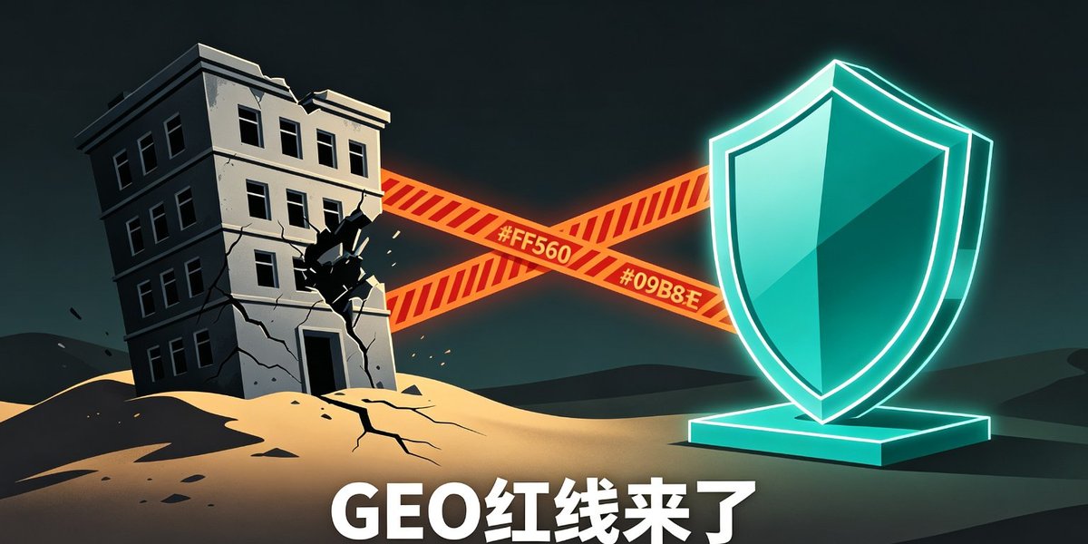 GEO红线来了：沙丘危楼代表黑帽风险，青绿盾牌代表白帽护城河
